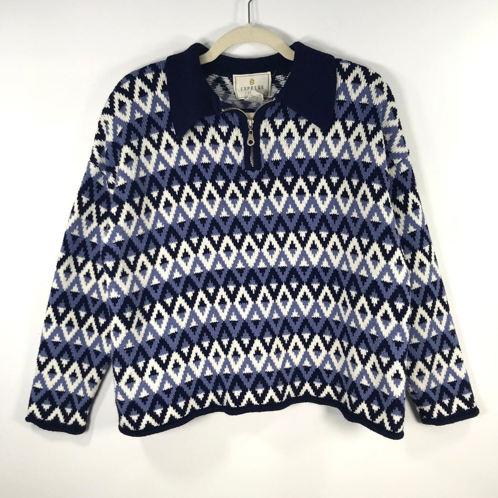 Vintage 90s Express Tricot Sweater Large Diamond‎ Grandma Academia Heritage Twee